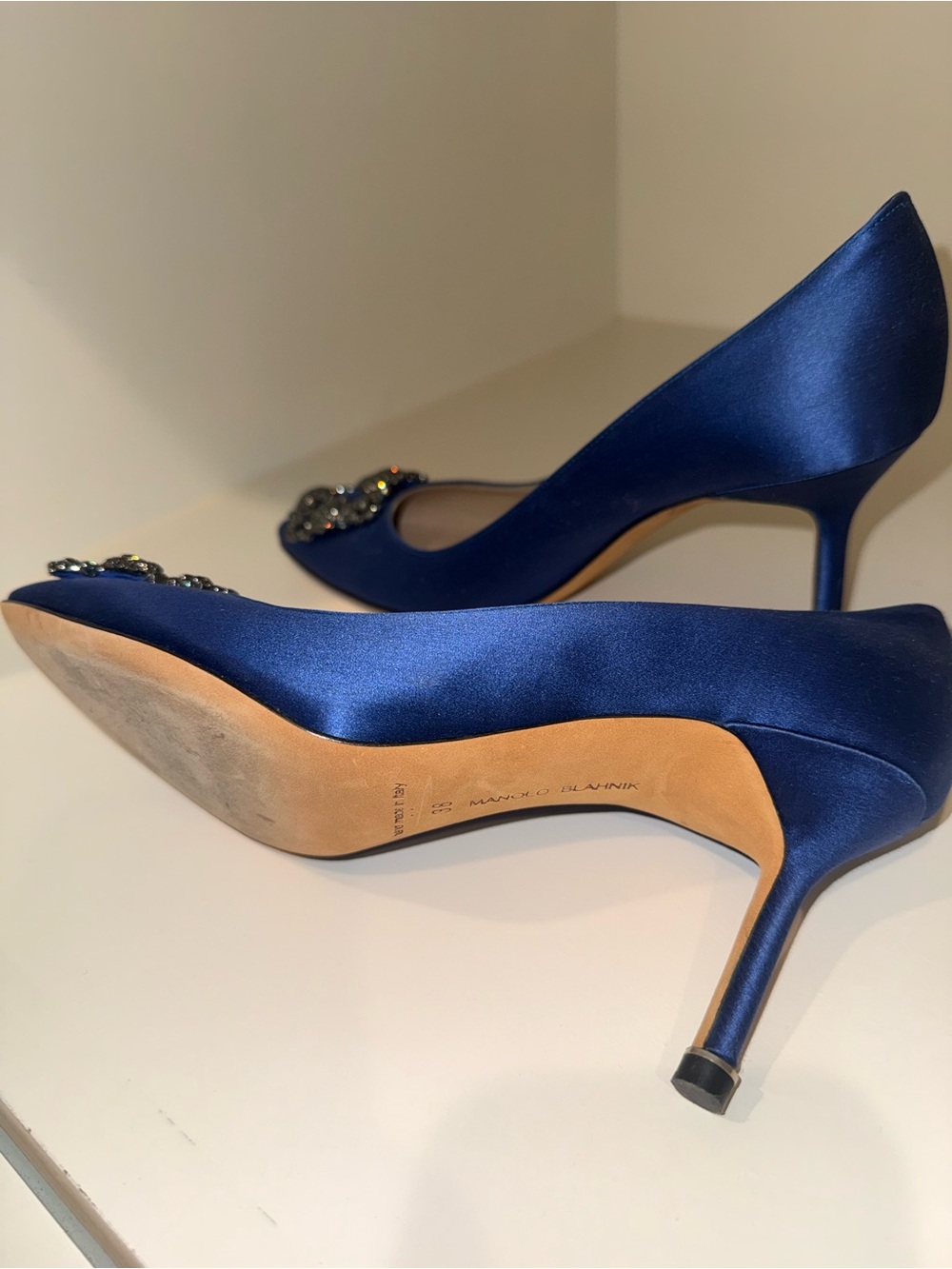 Manolo Blahnik Royal Blue Satin Crystal-Embellished Pointed-Toe Pumps - Picture 4 of 11